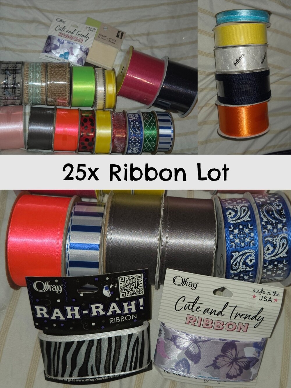 25x Spools Offray Ribbon Lot Polyester Sheer Satin Lace Burlap Gift Wrapping Bow